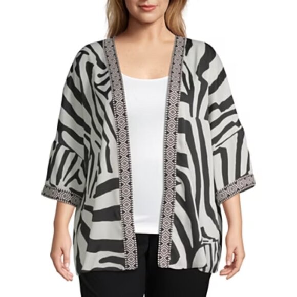WORTHINGTON Black & White ¾ Sleeve Embroidered Zebra Print Kimono (Size 3X) - Picture 1 of 8